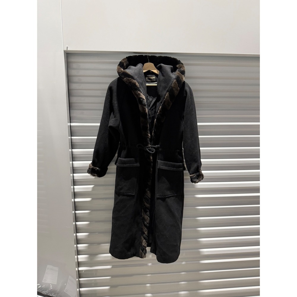 Fitz-Wright Vintage Wool Faux‎ Fur Trim Hooded Long Coat Black Parka 5/6